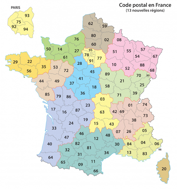 Carte de la France liste des départements par codes postaux