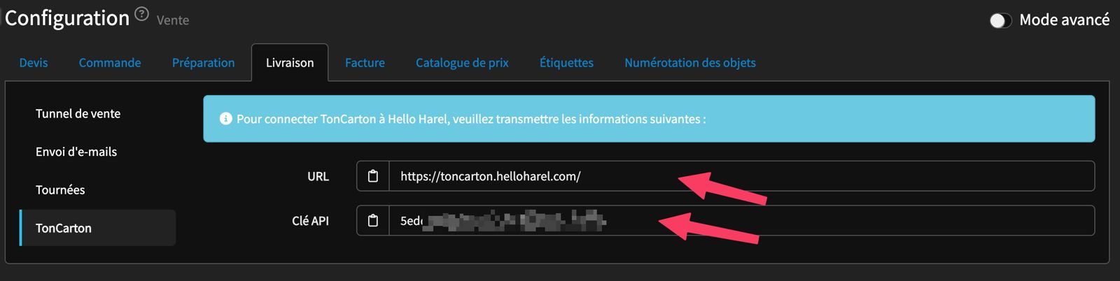 Intégration Toncarton sur Hello Harel : clé API
