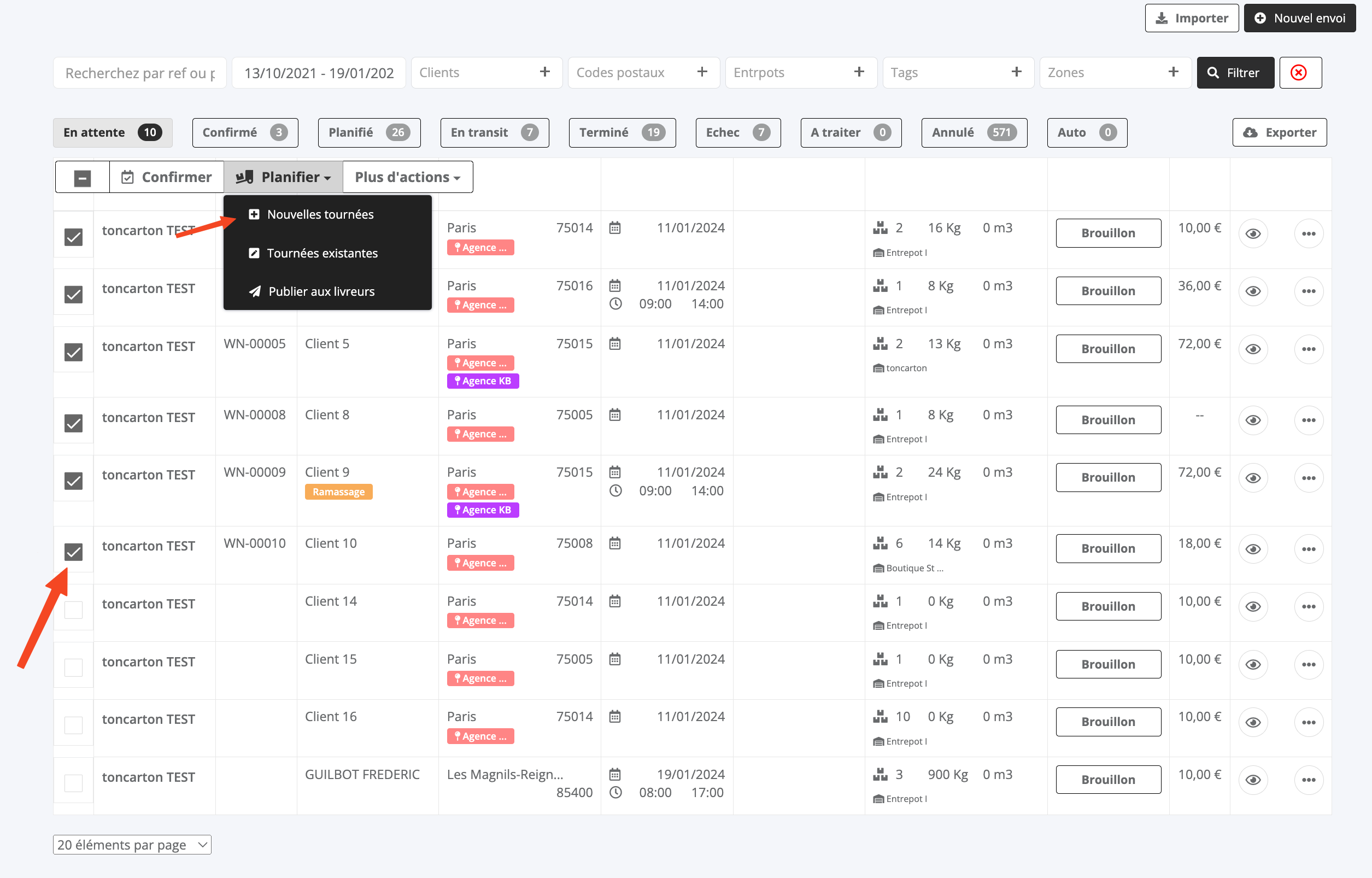 Sélectionnez les expédition et lancez l'optimisation de tournées