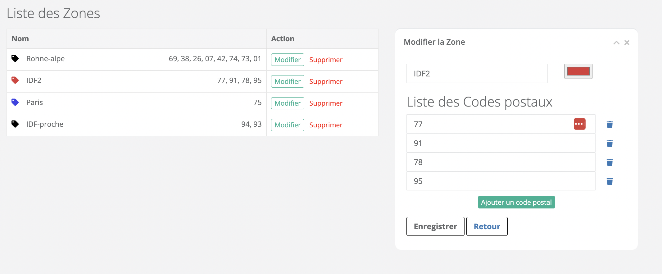 Interface pour définir les codes postaux par zone