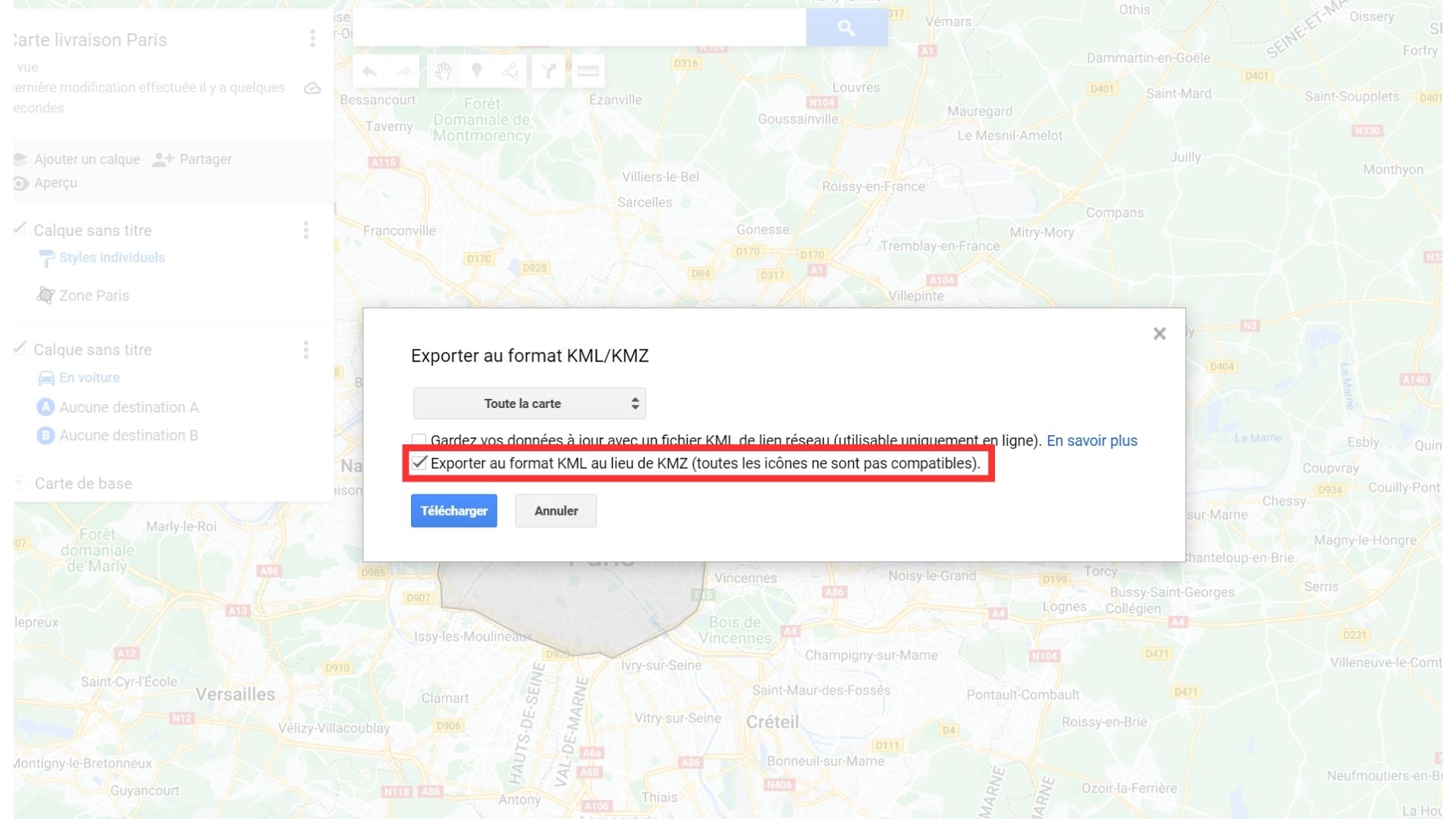 Toncarton : exporter au format KML depuis google mymaps 3